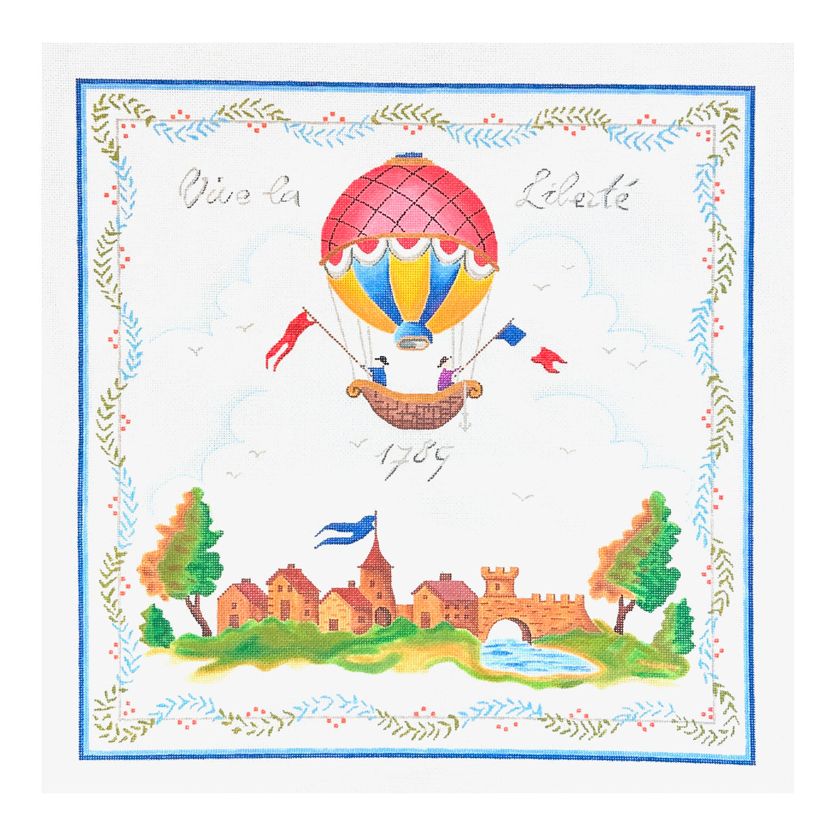 Kate Dickerson Needlepoint Collections Vive La Liberte Rural French Scene with Hot Air Balloon Needlepoint Canvas