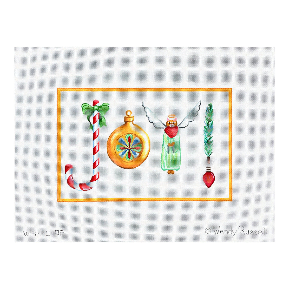 Kate Dickerson Needlepoint Collections Wendy Russell Joy with Candy Cane Bauble Ornament Kitty Angel Pine Sprig & Lightbulb Needlepoint Canvas