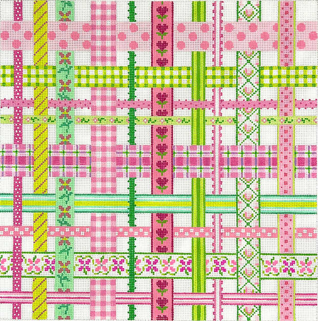 Kate Dickerson Needlepoint Collections Woven Ribbons Pinks and Greens Needlepoint Canvas