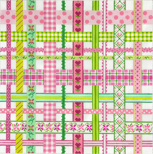 Kate Dickerson Needlepoint Collections Woven Ribbons Pinks and Greens Needlepoint Canvas