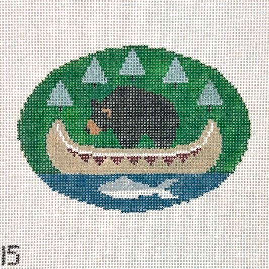 Kathy Schenkel Designs Bear with Canoe Oval Needlepoint Canvas