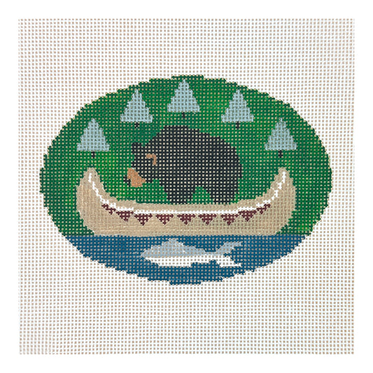 Kathy Schenkel Designs Bear with Canoe Oval Needlepoint Canvas