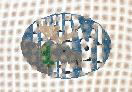 Kathy Schenkel Designs Moose with Birch Trees Oval Needlepoint Canvas