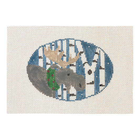 Kathy Schenkel Designs Moose with Birch Trees Oval Needlepoint Canvas