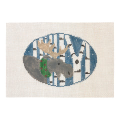 Kathy Schenkel Designs Moose with Birch Trees Oval Needlepoint Canvas