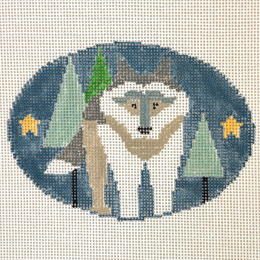 Kathy Schenkel Designs Wolf in Trees with Stars Oval Needlepoint Canvas