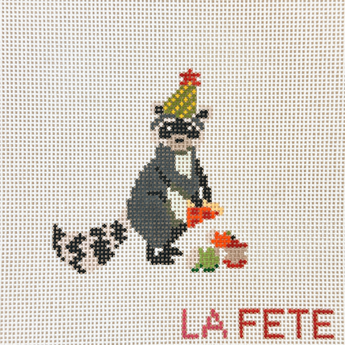 La Fete Needlepoint Party Animals Birthday Bandit Raccoon Needlepoint Canvas