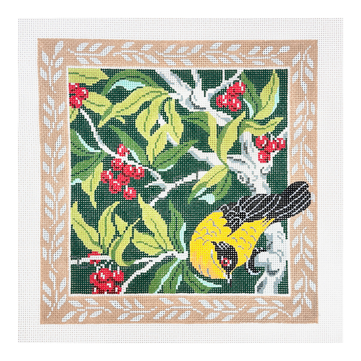 Lee's Needle Arts Yellow Finch Pillow with Berries Needlepoint Canvas