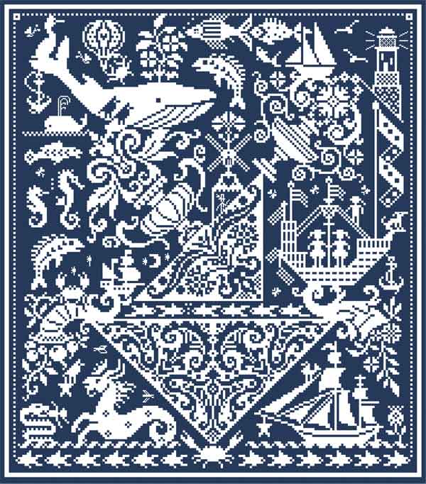 Cross stitch of whales, fish, seahorses, anchors, sailing ships, shells, and a lighthouse stitched in crisp white against a deep blue background.