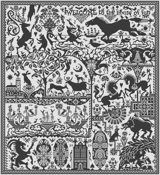 Black and white cross stitch sampler of  deer, goats, horses, boars, dogs and rabbits surrounded by a detailed border with the words, "WELCOME to the house of fun" at the top.