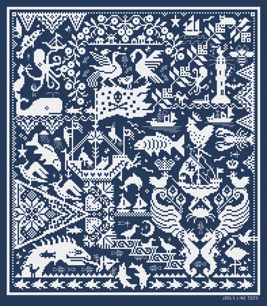 Nautical sampler cross stitch of sea creatures, mythical beings, boats, birds, and lighthouses playing in the ocean.