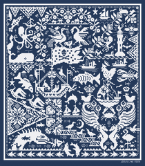 Nautical sampler cross stitch of sea creatures, mythical beings, boats, birds, and lighthouses playing in the ocean.