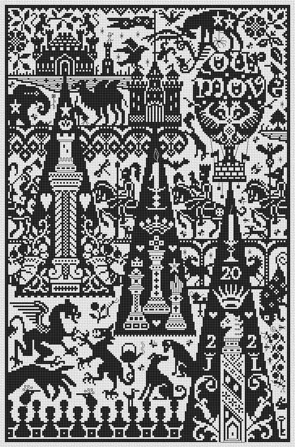 Black and white  cross stitch of intricate chess motifs.