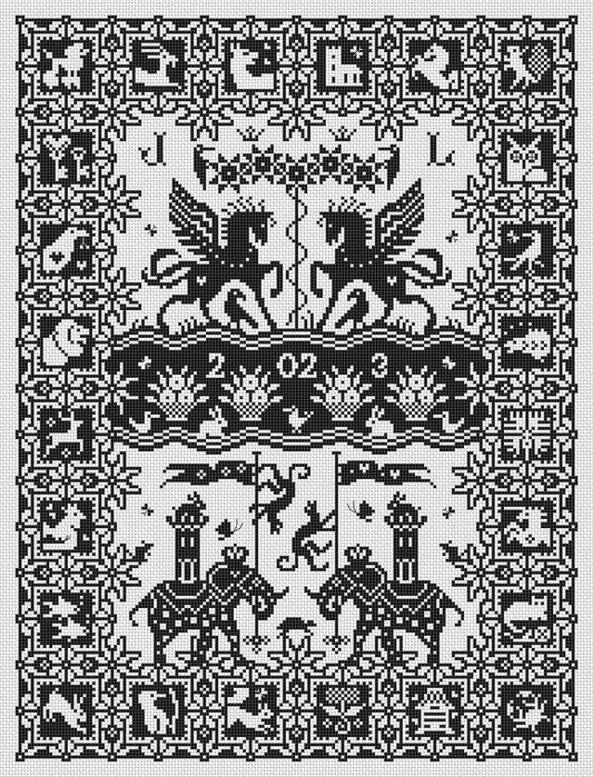 Black and white monochrome sampler of a pair of winged horses with patterned animal and geometric motifs surrounding them.