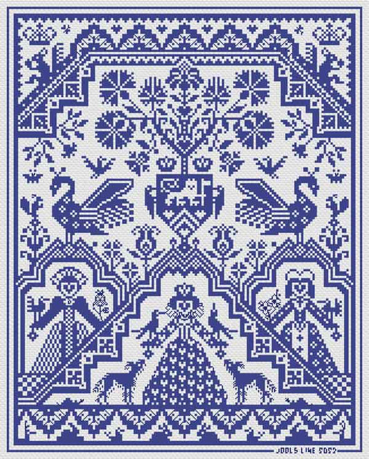 Blue and white of a regal queen figure at the base of the pattern, surrounded by animals and other members of her court, with hearts and decorative motifs.