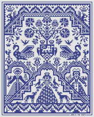 Blue and white of a regal queen figure at the base of the pattern, surrounded by animals and other members of her court, with hearts and decorative motifs.