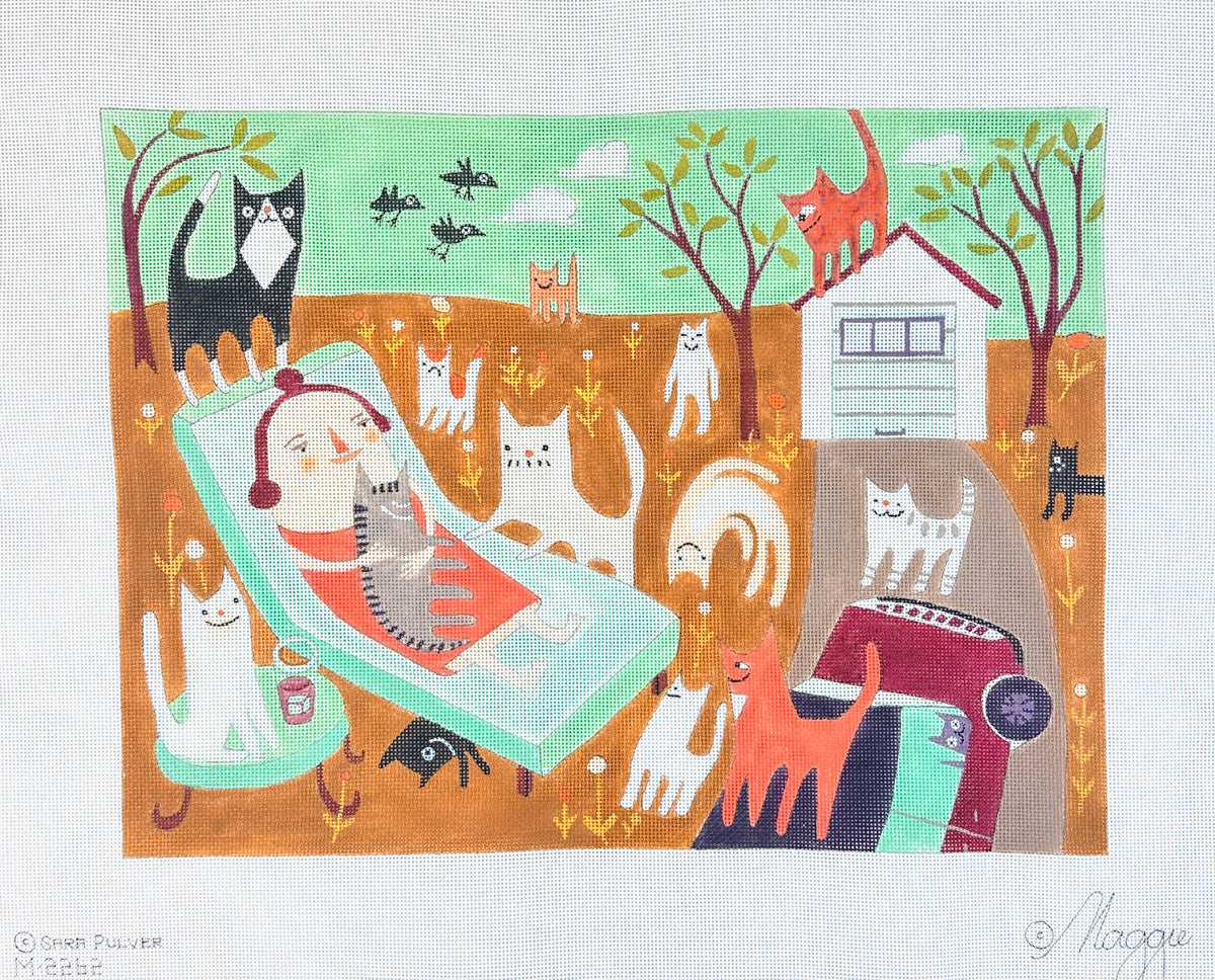 Maggie Co Sara Pulver Cat Lady Outside Needlepoint Canvas