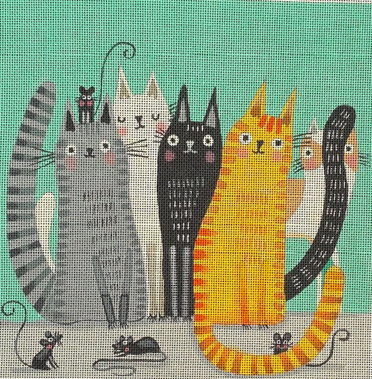 Needlepoint canvas featuring a row of whimsical cats in gray, white, black, and orange, gathered closely together on a teal background with playful details and small mice below.