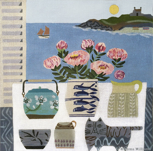 Melissa Shirley Designs Emma Williams Fish Pot and Peonies Needlepoint Canvas