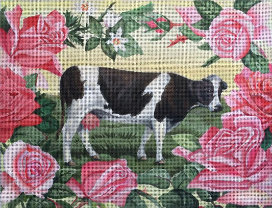 Melissa Shirley Designs John Johannsen Pink Roses and Cow Needlepoint Canvas