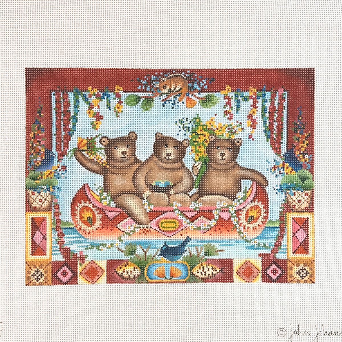 Melissa Shirley Designs John Johannsen Three Bears Canoe Needlepoint Canvas
