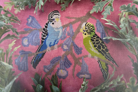 Mudpuppy Stitchery Parakeets in a Jacaranda Tree Cross Stitch Pattern