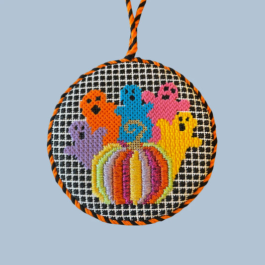 Nash and Daughters Needlepoint Colorful Ghosts with Pumpkin Needlepoint Canvas