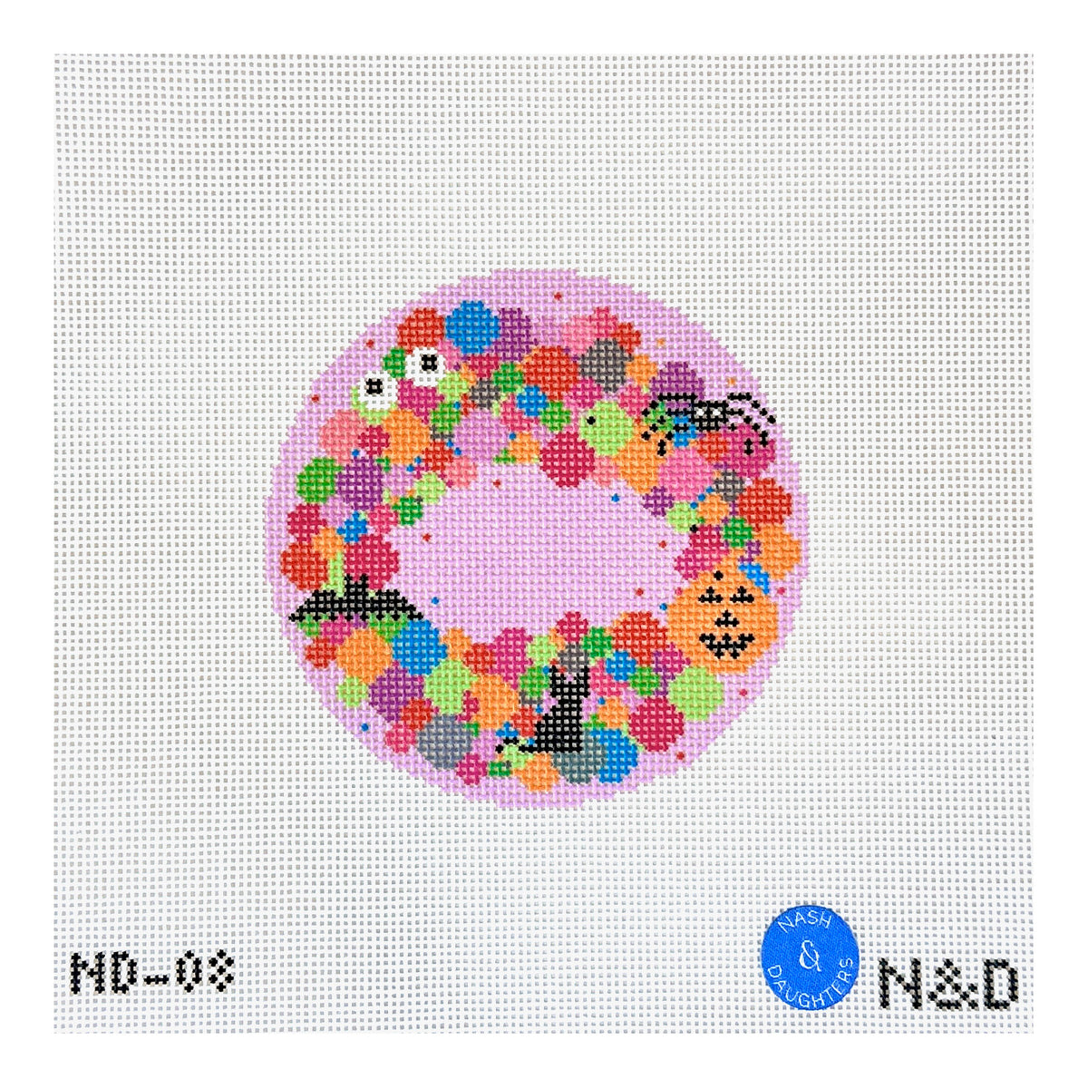 Nash and Daughters Needlepoint Colorful Spooky Wreath Round Needlepoint Canvas