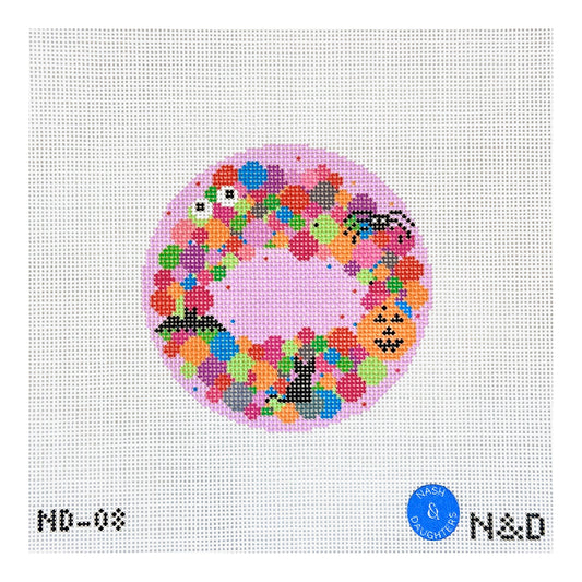 Nash and Daughters Needlepoint Colorful Spooky Wreath Round Needlepoint Canvas