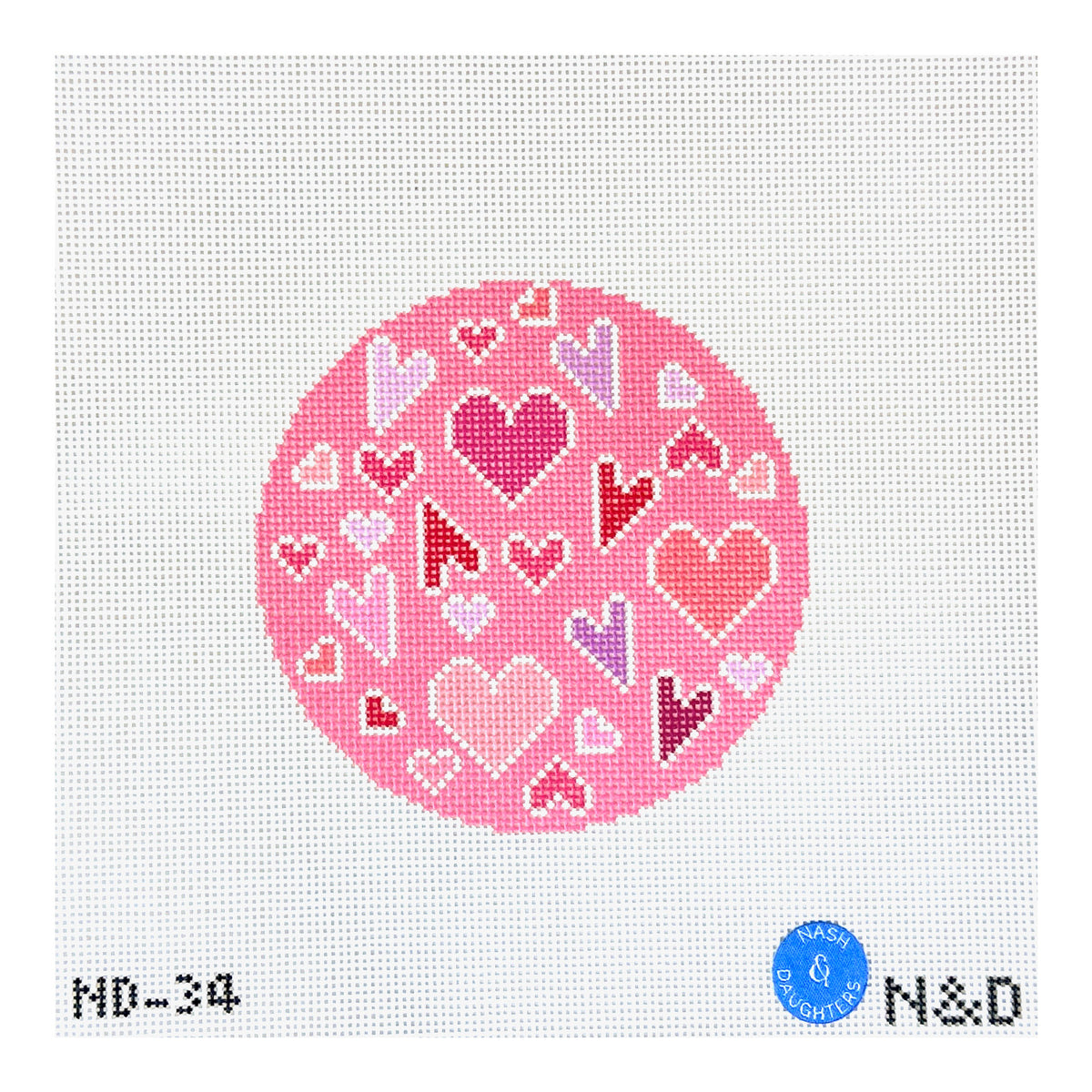 Nash and Daughters Needlepoint Crazy Hearts Round Needlepoint Canvas