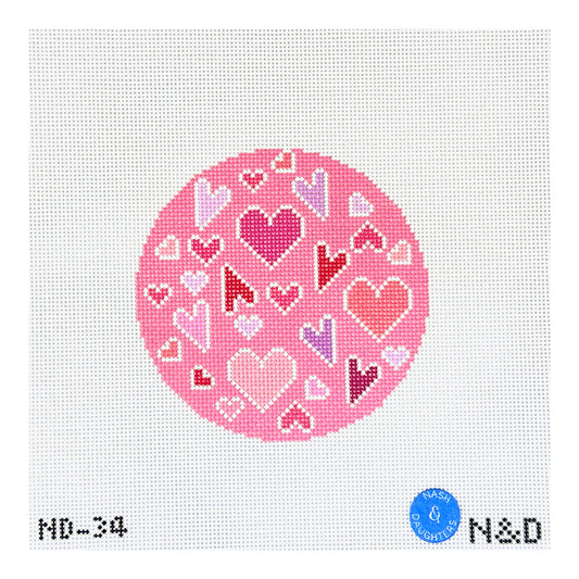 Nash and Daughters Needlepoint Crazy Hearts Round Needlepoint Canvas