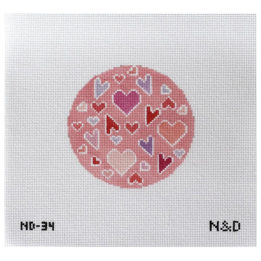 Nash and Daughters Needlepoint Crazy Hearts Round Needlepoint Canvas