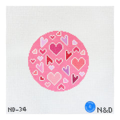 Nash and Daughters Needlepoint Crazy Hearts Round Needlepoint Canvas
