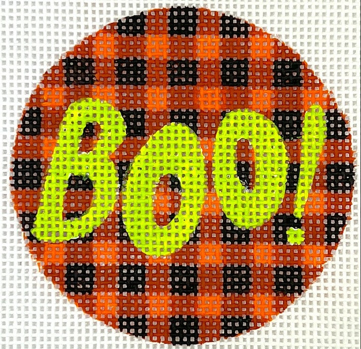 Kate Dickerson Needlepoint Collections Halloween Mini - “Boo!” on Orange & Black Gingham Needlepoint Canvas