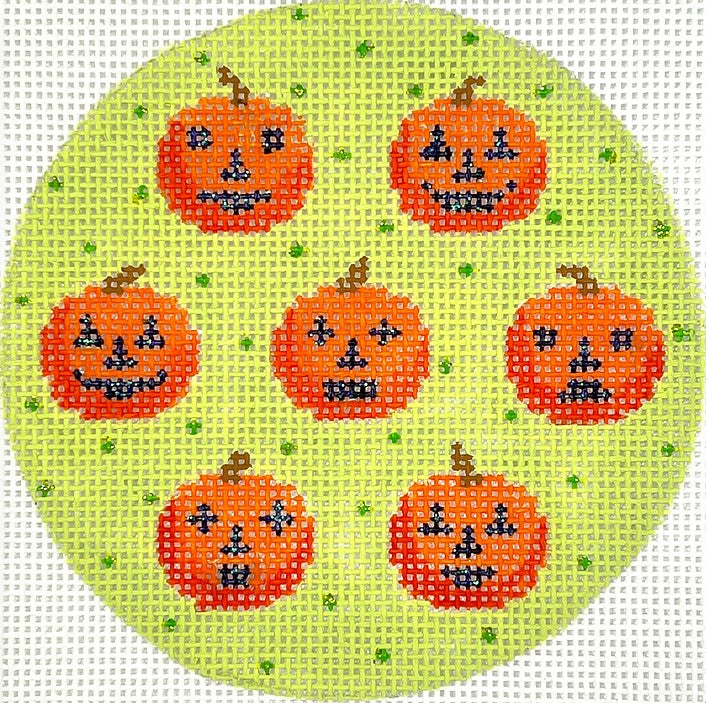 Kate Dickerson Needlepoint Collections Halloween Mini - Jack-O-Lanterns on Dotted Soft Green Background Needlepoint Canvas