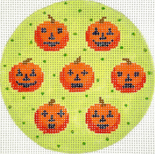 Kate Dickerson Needlepoint Collections Halloween Mini - Jack-O-Lanterns on Dotted Soft Green Background Needlepoint Canvas