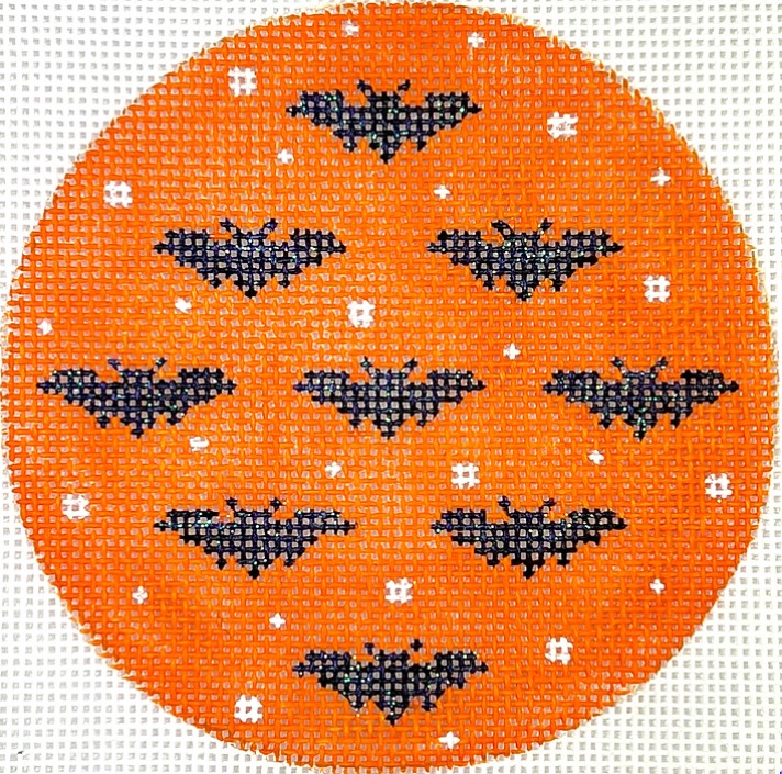 Kate Dickerson Needlepoint Collections Halloween Mini - Sparkly Bats on Dotted Orange Background Needlepoint Canvas