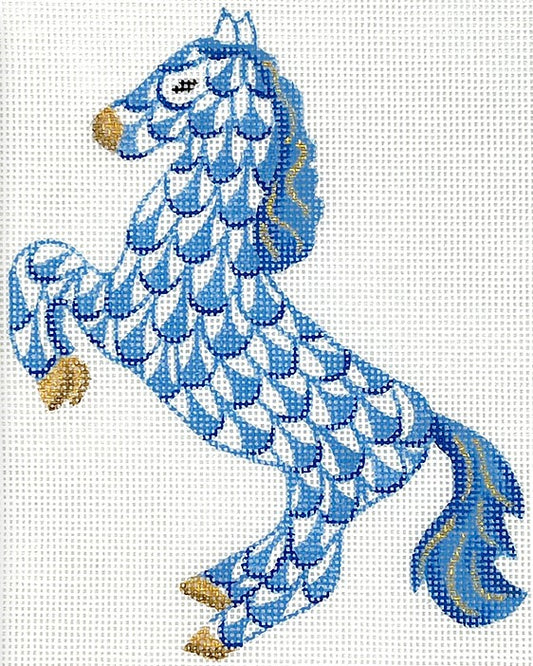 Kate Dickerson Needlepoint Collections Fishnet Mini - Leaping Horse - Blues & Golds Needlepoint Canvas