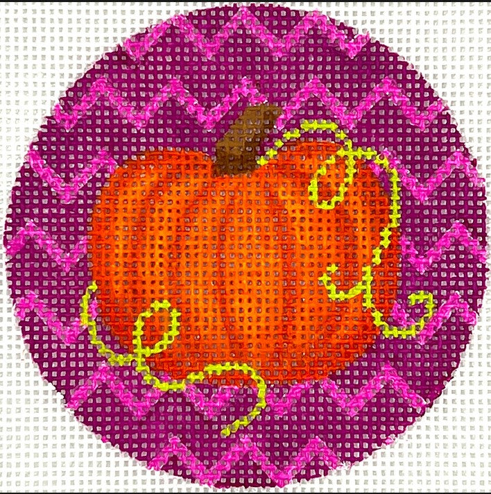 Kate Dickerson Needlepoint Collections Halloween Mini - Pumpkin with Vines on Purple Zigzag Background Needlepoint Canvas