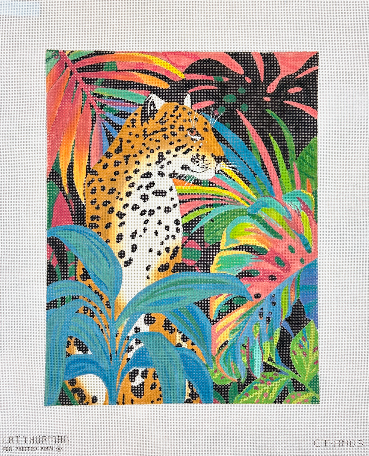 Painted Pony Designs Cat Thurmond Leapord in the Fronds Needlepoint Canvas