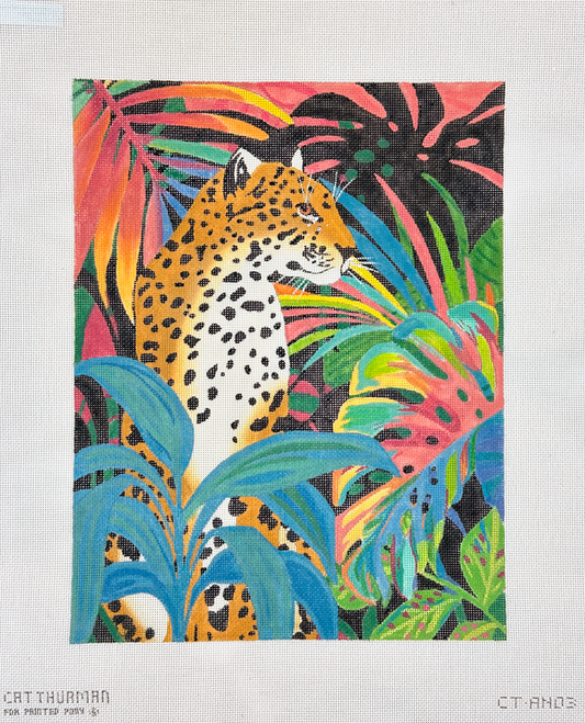Painted Pony Designs Cat Thurmond Leapord in the Fronds Needlepoint Canvas