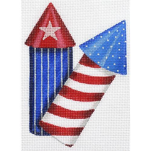 Kate Dickerson Needlepoint Collections Mini Patriotic Fireworks Two Rockets Red White and Blue Needlepoint Canvas