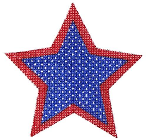 Kate Dickerson Needlepoint Collections Mini Star Blue with White Dots and Sparkly Red Border Needlepoint Canvas