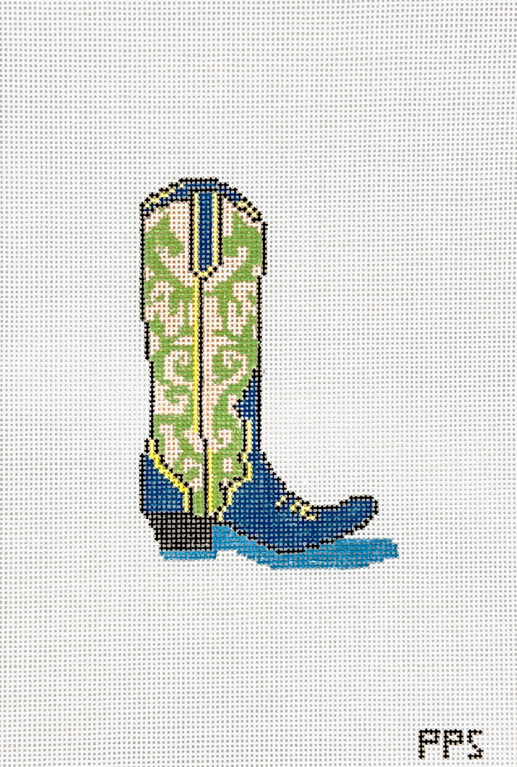 Petite Palm Stitchery Green and Blue Cowboy Boot Needlepoint Canvas