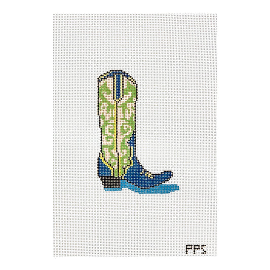 Petite Palm Stitchery Green and Blue Cowboy Boot Needlepoint Canvas