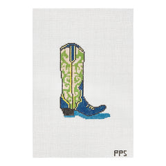 Petite Palm Stitchery Green and Blue Cowboy Boot Needlepoint Canvas