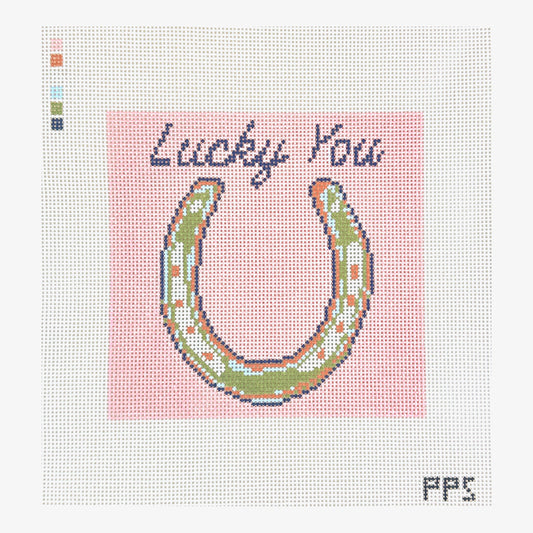 Petite Palm Stitchery Pink Horse Shoe Lucky You Needlepoint Canvas