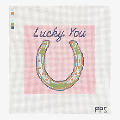 Petite Palm Stitchery Pink Horse Shoe Lucky You Needlepoint Canvas