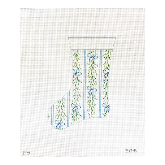 The Plum Stitchery Riley Sheehey Blue Bow & Garland Mini Stocking Needlepoint Canvas