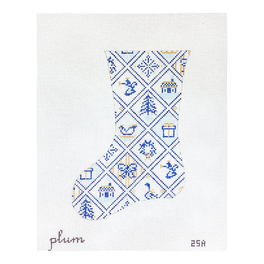 The Plum Stitchery Blue & White Tiles Mini Stocking Needlepoint Canvas